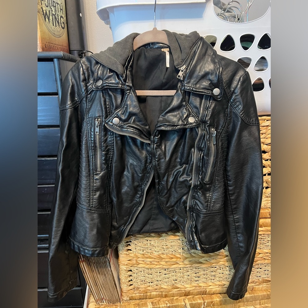 Free people leather Moto jacket w hood